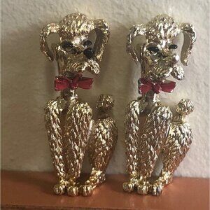 Vintage Poodle Pin Brooch Pair Gold Tone Red Bow Gerry's